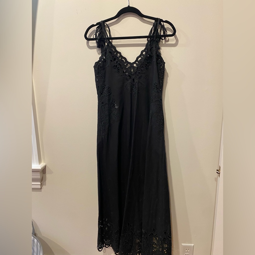 Theory black linen v neck dress with adjustable tie straps